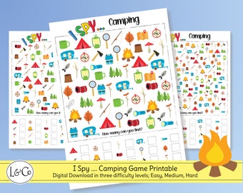 May include: Three printable I Spy game sheets with a camping theme. Each sheet features a grid of camping-related items, such as tents, campfires, and flashlights. The text "I Spy... Camping" is at the top of each sheet. The text "How many can you find?" is below the grid on each sheet.