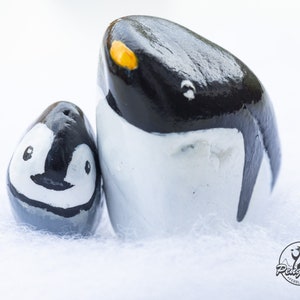 Mama and Baby Penguin Hand Painted Rock Set