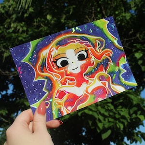 May include: A colorful, psychedelic drawing of a cartoon character with large eyes and a bright smile. The character is surrounded by swirling, rainbow-colored lines and dots, creating a vibrant and energetic image.