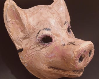 Máscara de cerdo de papel maché hecha a mano: disfraz de animal de granja, utilería teatral