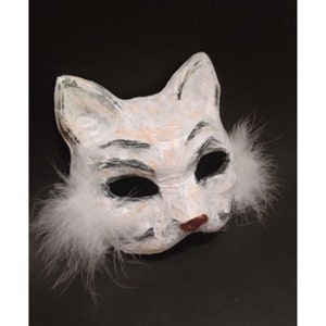 Paper Mache Cat Mask: White & Pink Fantasy Masquerade Mask