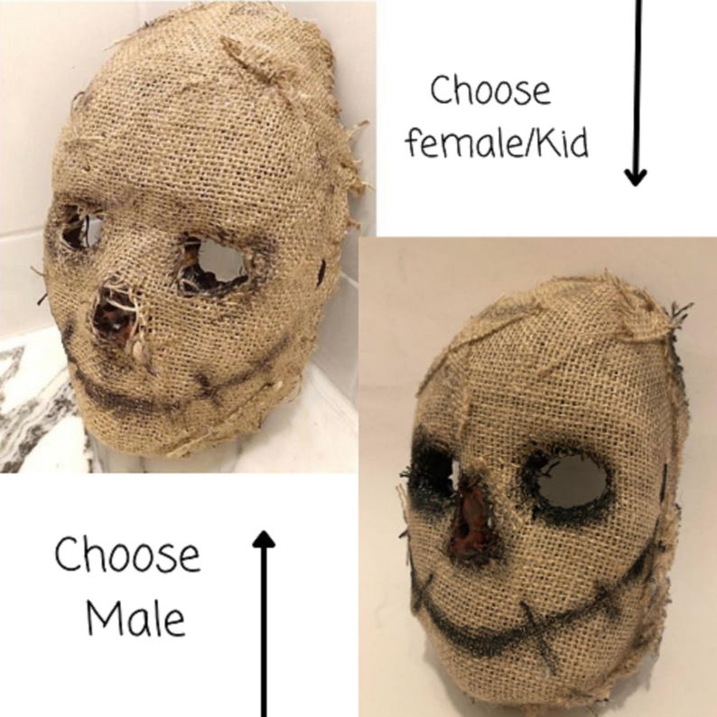 Puede incluir: Una m&aacute;scara de arpillera con costuras cosidas y agujeros recortados para los ojos y la boca. La m&aacute;scara tiene sombras oscuras alrededor de los ojos y la boca, con el texto "Choose Male" y "Choose female/Kid".