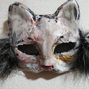 Paper mache cat mask, ORIGINAL. Cat costume,Fantasy cat mask,Masquerade mask,animal mask,cat mask,Theater mask cat . white and gray cat mask