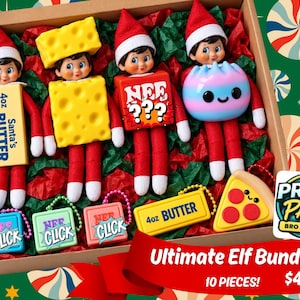 May include: Four elf dolls in a box, one wearing a yellow butter block costume labeled 4oz Santa's Butter, one in a yellow cheese block, one in a red block labeled NEE???, and one with a blue and pink dumpling accessory. Includes three small NEE CLCK blocks, a butter bar, and a pizza slice.