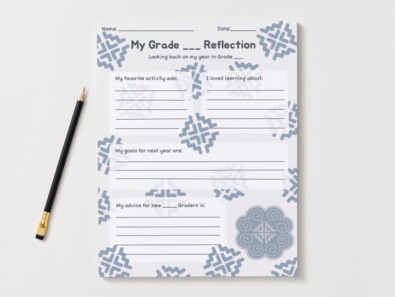 End of the Year Reflection Worksheet-blue/gray-hmong-motif-digital ...