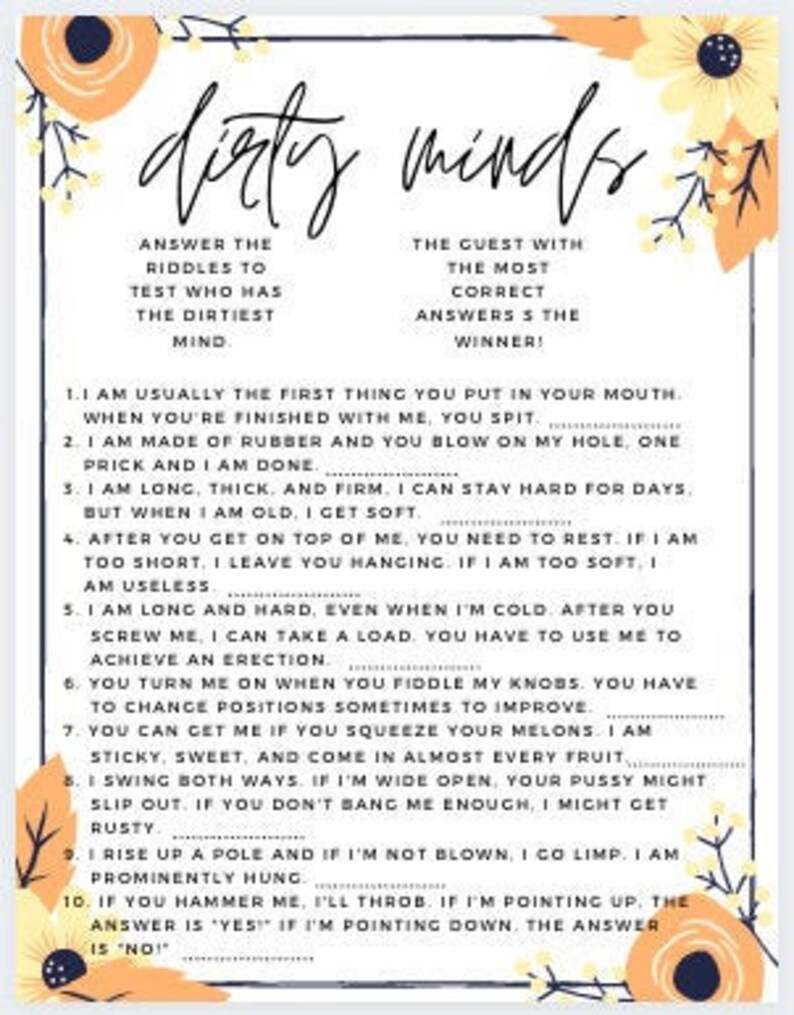 Dirty Minds Bridal Shower Bachelorette Party Game PRINTABLE | Etsy