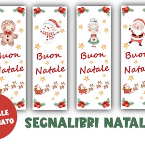 Op de afbeelding: Set van vier kerstboekmarkeringen met aquarel illustraties. Elke bladwijzer heeft een ander feestelijk karakter: een peperkoekman, een sneeuwman, een oudere vrouw en de kerstman. De woorden "Buon Natale" zijn in het rood geschreven.