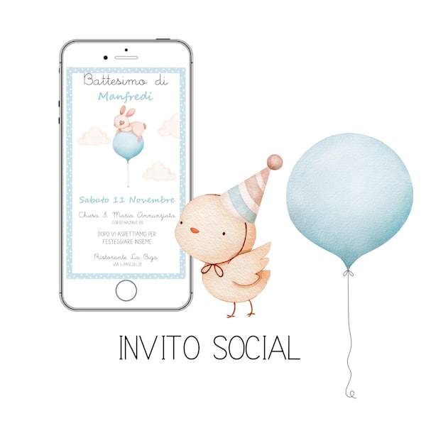 Invito battesimo ANIMALI con PALLONCINO digitale, INVITO digitale battesimo, whatsapp, annuncio nascita, neonato, rosa, celeste