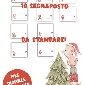 May include: Watercolor illustration of Christmas-themed place cards. Each card features a different festive character, including a reindeer, teddy bear, and elf. The words "10 PLACE CARDS TO PRINT" are displayed in red.