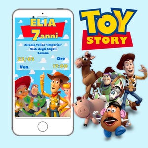 Invitation numérique fête d'anniversaire TOY STORY invito NUMÉRIQUE WhatsApp. Briquet Woody Buzz Festa di invito di compleanno