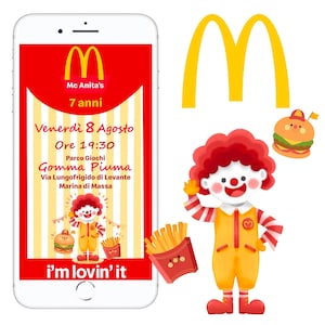 Digital Invitation Birthday Party MC DONALD&#39;S invito DIGITALE whatsapp. Festa di invito di compleanno,  mc donalds , ronald, happy meal