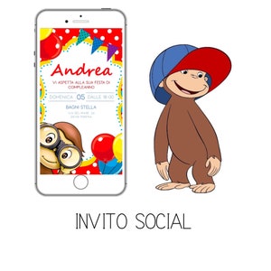Invito Digital CURIOSO come GEORGE, scimmietta cartone animato, invito DIGITALE whatsapp, Festa di invito di compleanno, scimmia