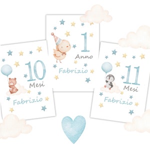Card NASCITA ANIMALI con palloncini - CARTE primi mesi del bambino - card compi mese - mese per mese , idea regalo neonato, nascita new Born