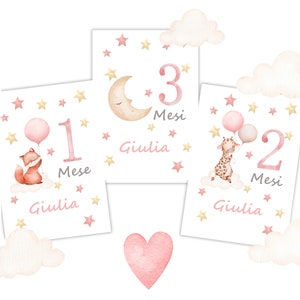 Card NASCITA ANIMALI con palloncini - CARTE primi mesi del bambino - card compi mese - mese per mese , idea regalo neonato, nascita new Born