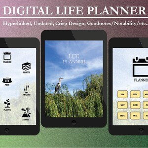 May include: A digital life planner app interface with a calendar, notes, habits, workouts, pets, favorite quotes, plants, bucket list, and travel sections. The app is shown on three different tablet screens.