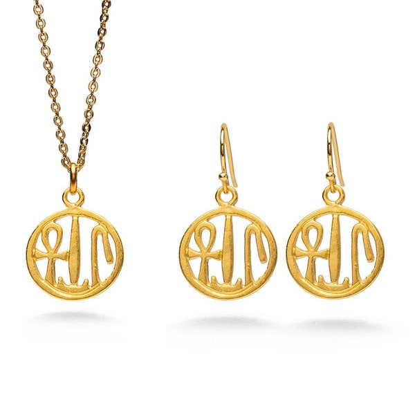 Life, Health & Prosperity Necklace and Earrings - Gold Plated - Egyptian Jewelry - Hieroglyphic Symbols