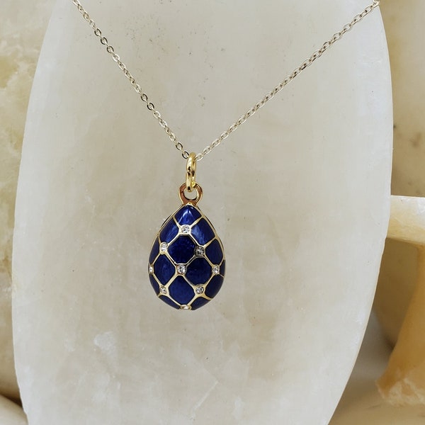 Imperial Blue Argyle Fabergé  Egg Pendant Necklace and Earrings