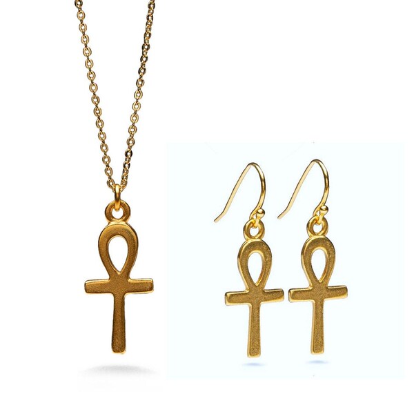 Egyptian Ankh Pendant Necklace & Earrings - Gold Plated