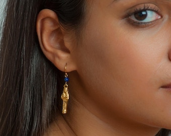 Egyptian Mummy Earrings - Gold Plated -  Lapis Lazuli - Ancient Egypt Ushabti