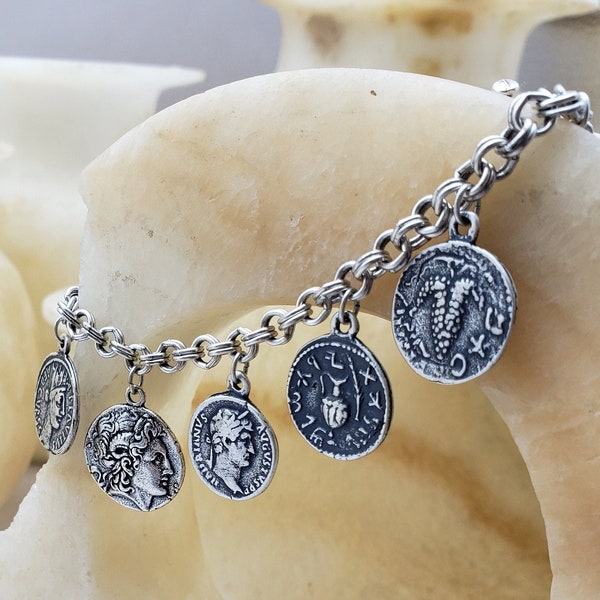 Roman Coin Charm Bracelet - Alexander the Great, Tyche and Hadrian