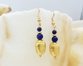 Egyptian Scarab and Lapis Dangle Earrings