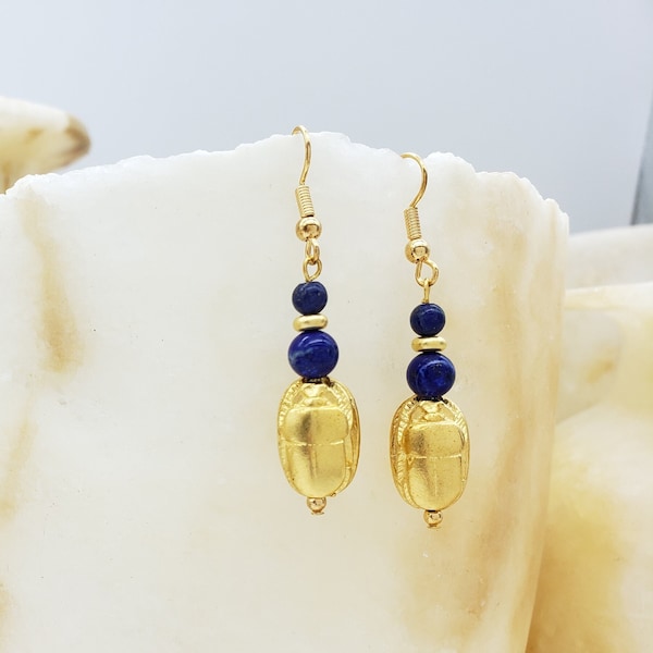 Egyptian Scarab and Lapis Dangle Earrings