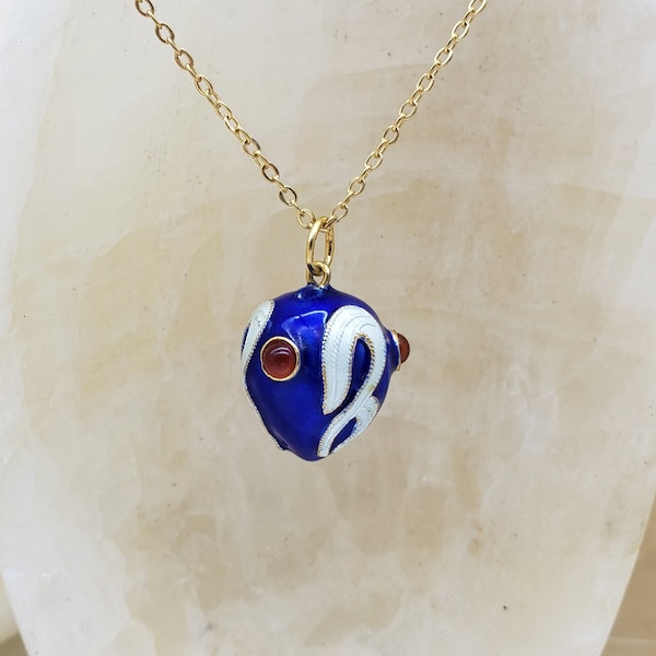 Jeweled Blue Enamel Egg Pendant with Carnelian - Vermeil - Fabergé Necklace