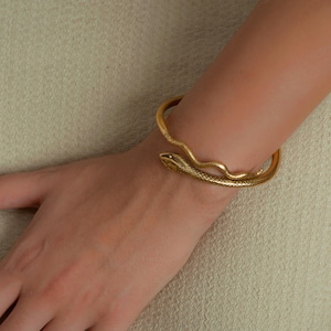 May include: A gold snake bangle bracelet with a detailed snake head design. The bracelet is open and adjustable to fit most wrists.