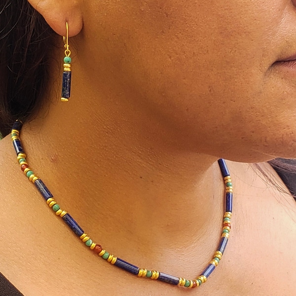 Collar o pendientes con cuentas de turquesa egipcia, lapislázuli y cornalina - Joyería inspirada en Cleopatra
