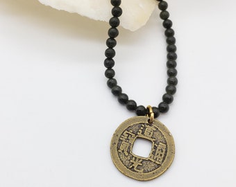 I Ch'ing Coin Pendant Necklace with Dark Jade Beads