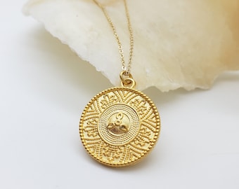 Etruscan Revival Pendant Necklace - Gold Plated Disc