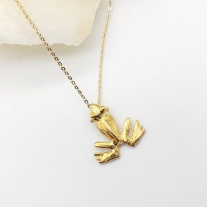 May include: A gold-colored necklace featuring a frog pendant. The frog is detailed with visible legs and a textured surface. The chain is delicate and hangs against a white background.