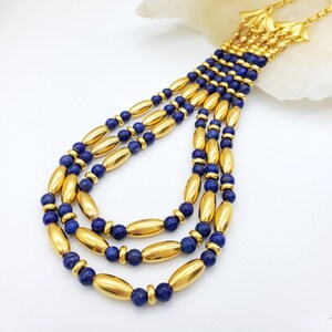 Egyptian Inspired Triple Strand Necklace - Lapis Lazuli Beaded - River Lotus