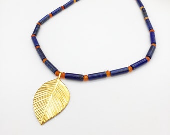 Queen Puabi Single Leaf Necklace - Lapis and Carnelian Beaded