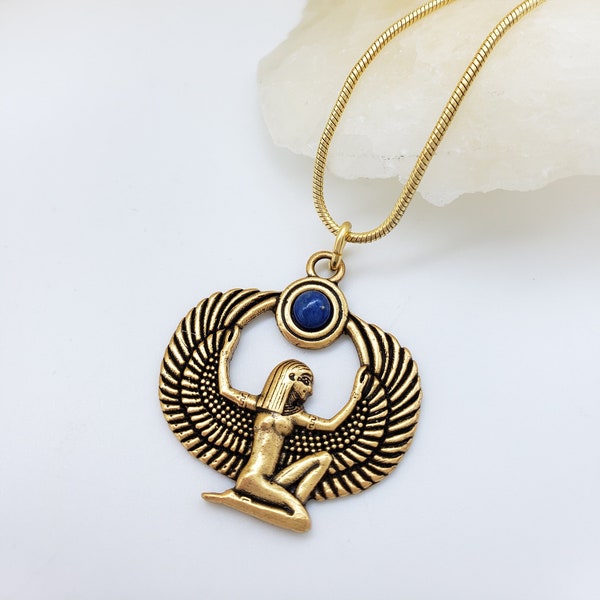 Egyptian Isis Pendant Necklace - Antique Gold Plated With Lapis Lazuli