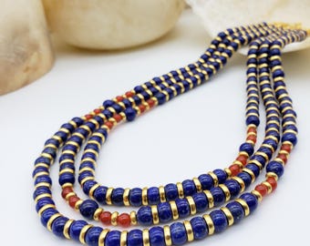 Egyptian Nefertari Lotus Triple Strand Necklace - Lapis Lazuli and Carnelian