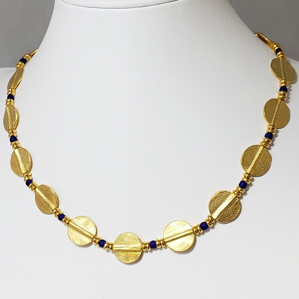 African Akan Disc Beaded Necklace and Earrings - Cobalt and Gold Coin