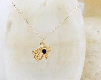 Egyptian Eye of Horus Necklace with Lapis Lazuli - 18K Gold Plated