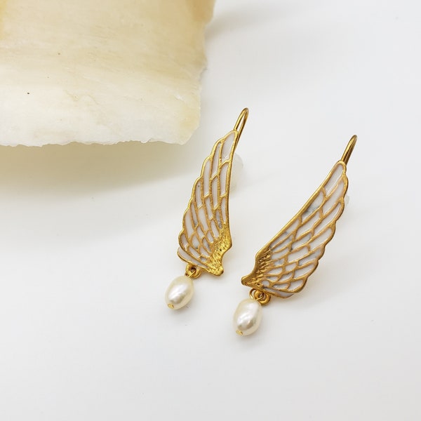 Swan Wing Earrings with Pearls