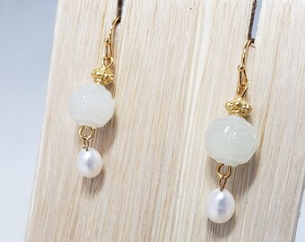 Jade Dragon Bead and Pearl Dangle Earrings