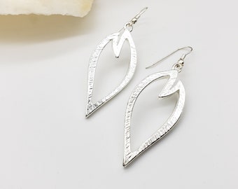 Leaf Feathered Earrings - Silver Plated - 2 Inch Dangle - Statement Earrings