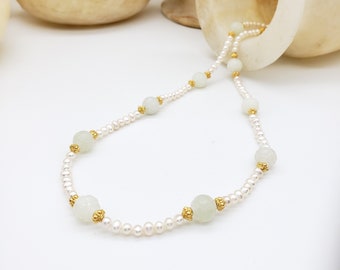 Jade and Pearl Beaded Necklace - Carved Dragon Beads