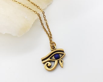 Eye of Horus Necklace with Lapis Lazuli - Antique Gold Plated - Egyptian Inspired