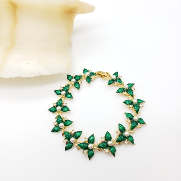 Emerald Flowers Bracelet - Pearl and Crystal Bangle - Fabergé Inspired