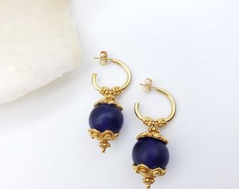 Blue Glass Hoop Earrings - Greco-Roman Inspired