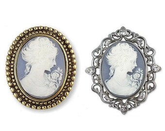 Baroque Lady Cameo Brooch Silver Drop Leaf Flower Frame Pin Broach Vintage Gift 