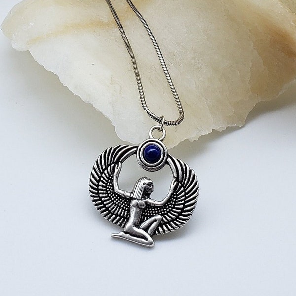 Egyptian Goddess Isis Pendant Necklace - Antique Silver Plated with Lapis Lazuli