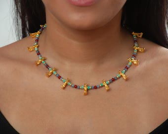 Egyptian Bastet Cat Beaded Necklace - Turquoise, Carnelian and Sodalite