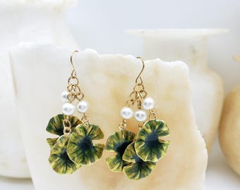 Water Lily Earrings with Faux Pearls - Claude Monet Inspired Jewelry