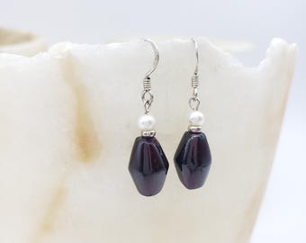Garnet and Pearl Dangle Earrings - Sterling Silver